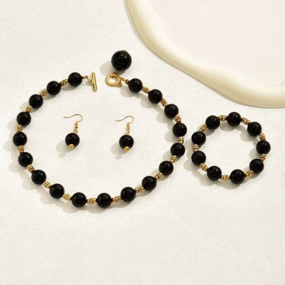 Vintage Imitation Pearl Earrings Bracelet Necklace Set For Simple Fas Gift - Picture 3 of 7